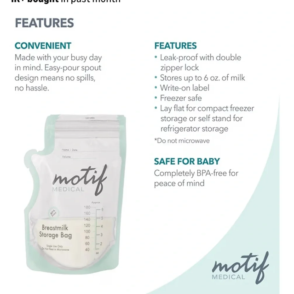 Motif Medical Breastmilk Storage Bags - White 100 count